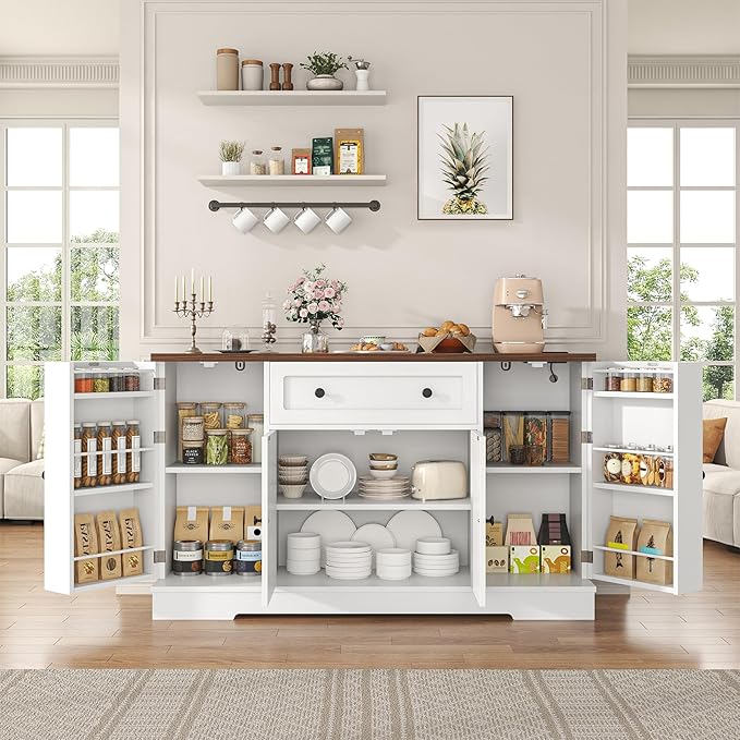 Bigbiglife Sideboard Buffet Cabinet, Modern Kitchen Coffee Bar Cabinet with Drawers & Charging Station, Storage Cabinet with Barn Doors, Wine Rack and Hooks, Wood Sideboard Buffet for Kitchen, White