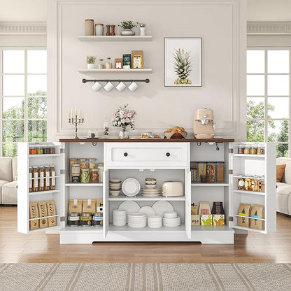 Bigbiglife Sideboard Buffet Cabinet, Modern Kitchen Coffee Bar Cabinet with Drawers & Charging Station, Storage Cabinet with Barn Doors, Wine Rack and Hooks, Wood Sideboard Buffet for Kitchen, White