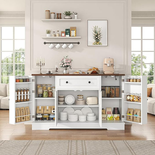 Bigbiglife Sideboard Buffet Cabinet, Modern Kitchen Coffee Bar Cabinet with Drawers & Charging Station, Storage Cabinet with Barn Doors, Wine Rack and Hooks, Wood Sideboard Buffet for Kitchen, White