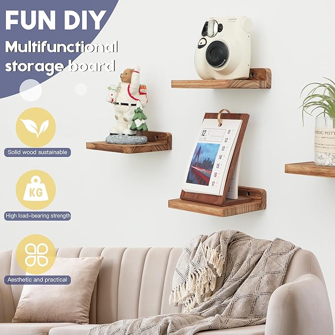 Small Floating Shelf, 5x6 Inch Display Ledges for Wall,Mini Shelves,Rustic Wood Shelf for Bedroom Living Room Bathroom Kitchen (6, Carbonized Black)