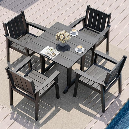Pamapic 5 PCS Outdoor Dining Set, Spacious HDPE Outdoor Table and Chairs, Wood Grain Patio Furniture Sets with Elegant Armrest, All-Weather Patio Dining Table with Umbrella Hole, Gray