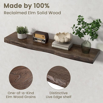 Fun Memories Floating Shelves for Wall Decor Set of 1-40 Inch Solid Elm Wood Live Edge - Rustic Walnut Wall Shelves with Invisible Brackets - for Living Room, Bedroom, Kitchen - Walnut Finish