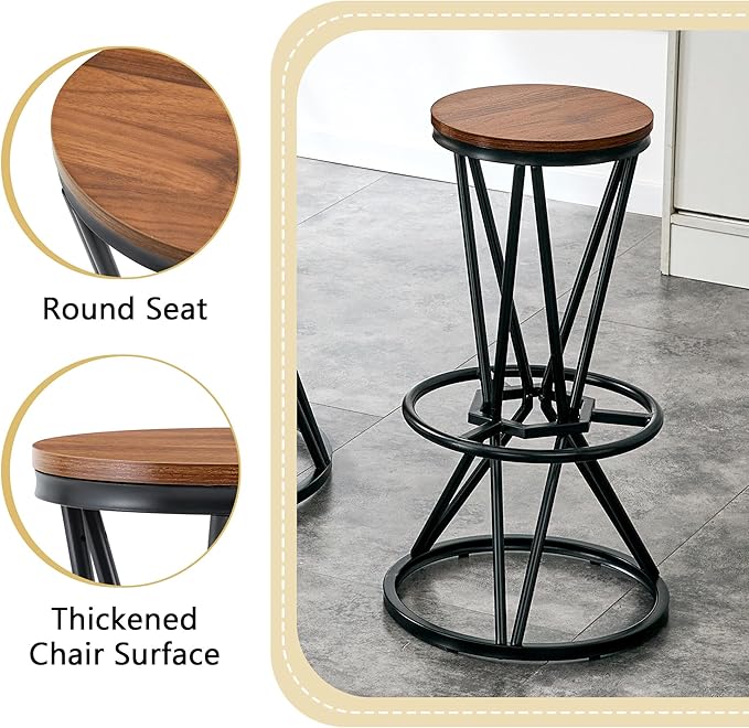 Industrial 3-Piece Bar Counter Set – 31.5" Round MDF Table & 2 Rust-Resistant Metal Bar Stools with Foot Pedals | Perfect for Small Apartments, Kitchen Islands, Home Bars (Walnut+Black)