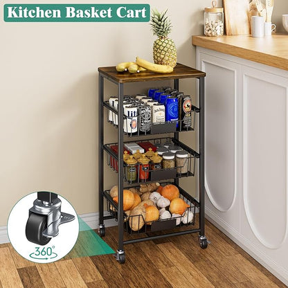 Giwil Vegetable Fruit Basket for Kitchen Pantry Organizers Storage, 4-Tier Utility Rolling Cart on Wheels with Wood Top and Drawer Wire Baskets for Onions Potatoes Snacks, Black