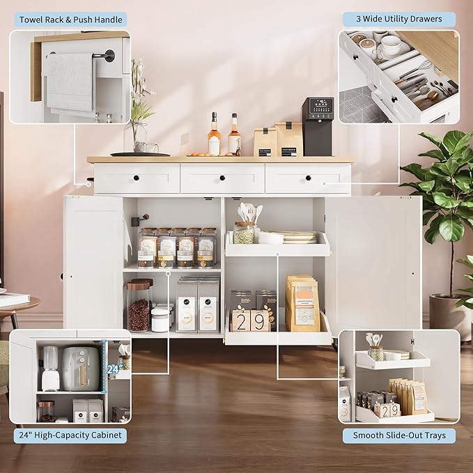 IDEALHOUSE Rolling Kitchen Island with Drop Leaf Countertop, Charging Station & Ample Storage - 47.2" Mobile Kitchen Cart On Wheels with Pull-Out Shelves, Drawers, Spice Rack & Organizer Divider