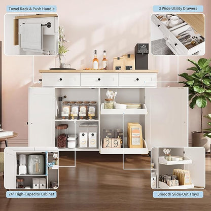 IDEALHOUSE Rolling Kitchen Island with Drop Leaf Countertop, Charging Station & Ample Storage - 47.2" Mobile Kitchen Cart On Wheels with Pull-Out Shelves, Drawers, Spice Rack & Organizer Divider