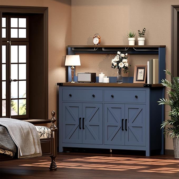 VVFLU Hutch Storage Buffet Cabinet with Drawers, and Charging Station, Coffee Bar Cabinet with Barn Doors, Wine Rack and Hooks, Blue Wood Sideboard Buffet for Kitchen, Dining Room, 54.1" High