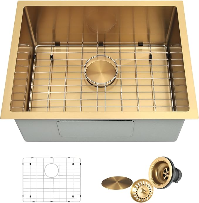 Gold Kitchen Sink,Undermount Kitchen Sink 23 X 18 inch,Single Bowl 16 Gauge Stainless Steel Undermount Sinks