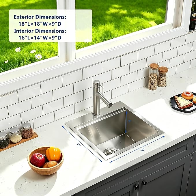 Friho 18 X 18 Inch Drop In Bar Sink, Stainless Steel Small Kitchen Sink, Top Mount Rv Sink Deep Workstation Single Bowl, Outdoor Camper Laundry Wet Bar Prep Sinks With Grid & Drain & Cutting Board