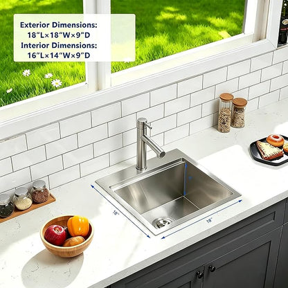 Friho 18 X 18 Inch Drop In Bar Sink, Stainless Steel Small Kitchen Sink, Top Mount Rv Sink Deep Workstation Single Bowl, Outdoor Camper Laundry Wet Bar Prep Sinks With Grid & Drain & Cutting Board