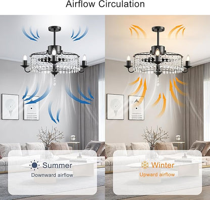 Garwarm 20in Ceiling Fans with Lights,Black Crystal Fandelier Bladeless Industrial Ceiling Fan with Remote,Flush Mount Ceiling Fan Lights for Bedroom Kitchen