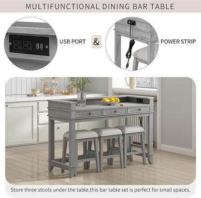 4-piece Dining Bar Table Set with 3 Upholstered Stools, Rubber Wood Counter Height Multifunctional Dining Table with 3 Drawers and USB Port, Side Table with Footrest Pub Kitchen Set (Grey-N2)