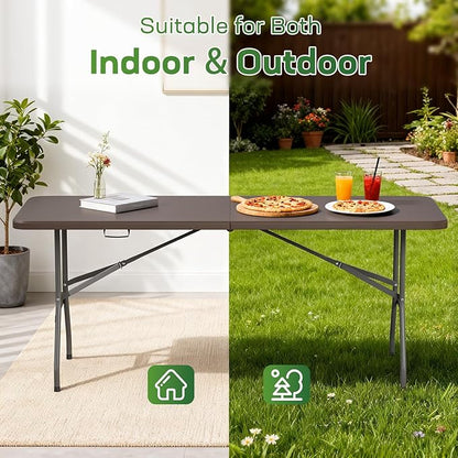 FDW 6 Foot Folding Table, Portable Plastic Table with Carrying Handle Perfect for Indoor, Outdoor, Party, Dining, Wedding, Events, Camping, Brown