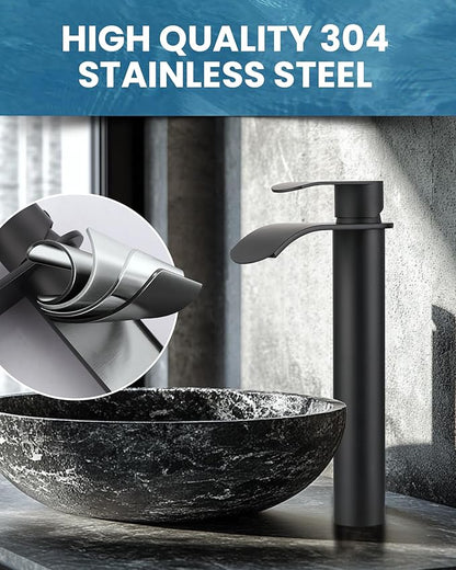 Vessel Sink Faucet Black for Bathroom：WOWOW Single Handle Tall Bathroom Faucet - Waterfall Single Hole Mixer Bar Tap with Large Rectangular Spout, Deck Mount Lavatory Vanity with Pop Up Drain