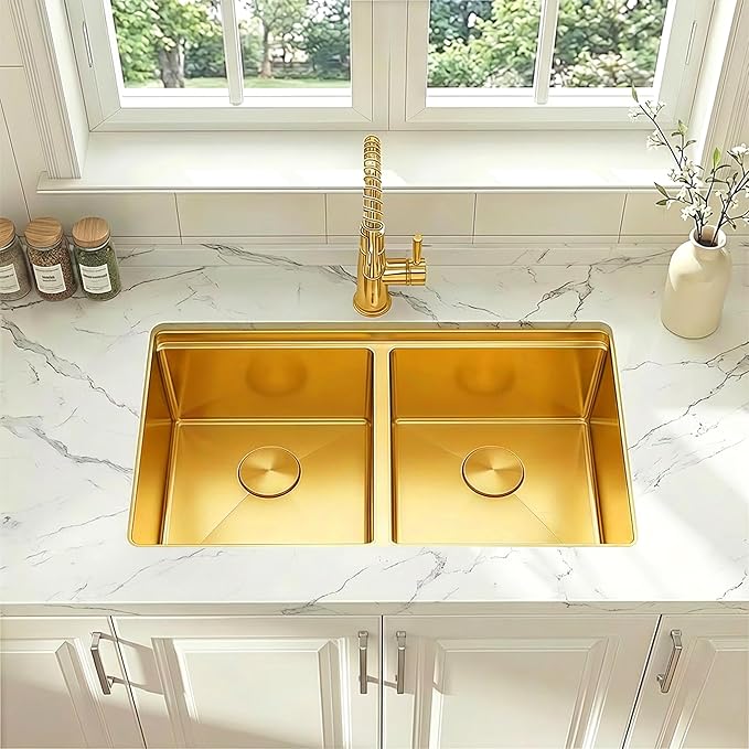 32 Inch Gold Sink Undermount Double Bowl, 16 Gauge 50/50 Double Bowl Stainless Steel Workstation Sink, 32"x18"x10" Large and Deep Kitchen Sink With Accessories