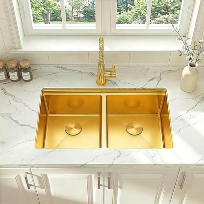 32 Inch Gold Sink Undermount Double Bowl, 16 Gauge 50/50 Double Bowl Stainless Steel Workstation Sink, 32"x18"x10" Large and Deep Kitchen Sink With Accessories