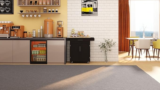 Modern Dining Table Kitchen Island Rolling Trolley Cart with Shelves, Drawer, Doors, Towel Rack & Seasoning Rack - Rubber Wood Table Top for Dining Room,Black-MDF