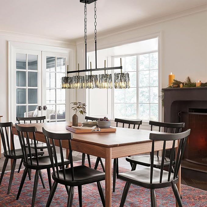 5-Light Farmhouse Linear Chandelier Pendant Lighting 39" W Ceiling Light Matte Black and Brass Gold, Smoked Glass Shade, Blown Glass, for Dining Table, Kitchen Island Light Fixtures