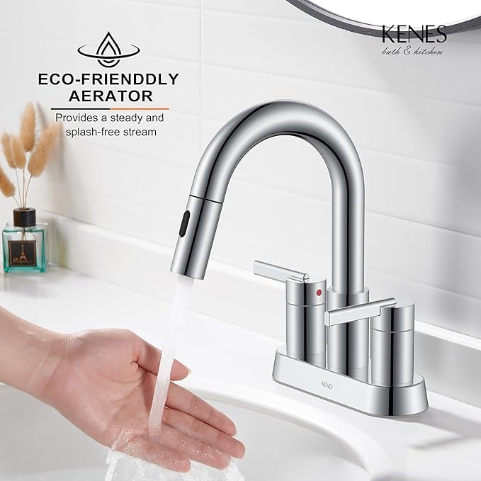 KENES Chrome Centerset Bathroom Faucet with Pull Down Sprayer, 4 Inch 2 Handle Pull Out Bathroom Faucet 3 Hole, Bathroom Sink Faucet with Pop Up Drain & Supply Lines LJ-9069-5