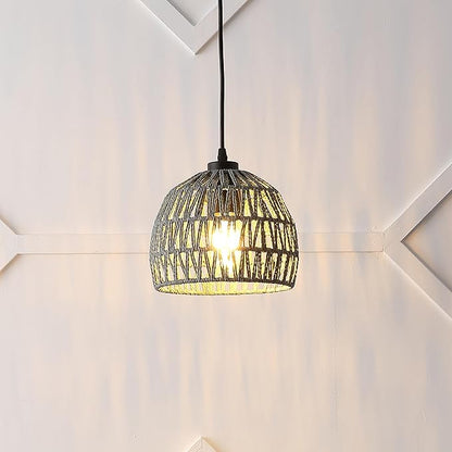 JONATHAN Y 8.25" Gray Modern Bohemian Woven Rope LED Pendant Light Fixture, Adjustable Dome Ceiling Lamp for Kitchen Island, Rope Shade, Coastal Farmhouse Decor (JYL6512D)