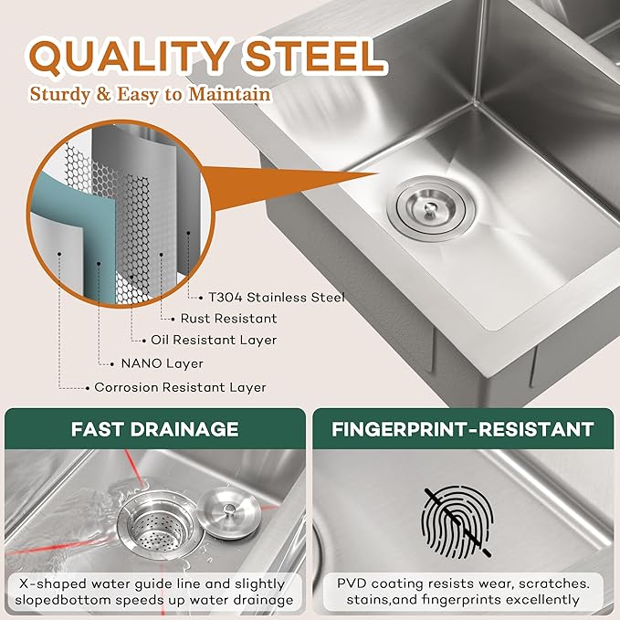 Rhbamoa Double Bowl Drop In Kitchen Sink 33x22,16-Gauge T304 Stainless Steel Topmount Kitchen Sink,50/50 Double Bowl Kitchen Sinks,Deep Sinks with All Accessories, Brushed Finish