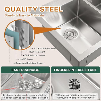 Rhbamoa Double Bowl Drop In Kitchen Sink 33x22,16-Gauge T304 Stainless Steel Topmount Kitchen Sink,50/50 Double Bowl Kitchen Sinks,Deep Sinks with All Accessories, Brushed Finish