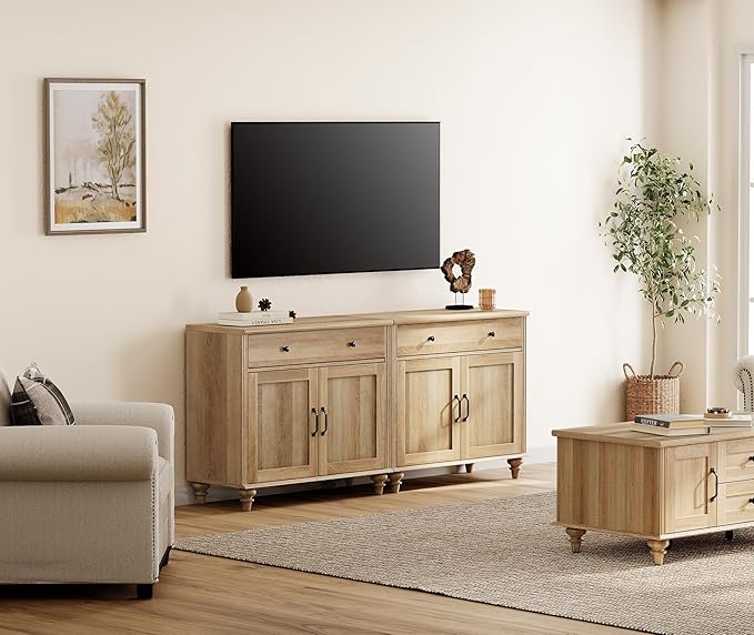 WAMAPT Buffet Cabinet with 4 Doors and 2 Drawers, Large Coffee Bar Table Wood Kitchen Storage Cabinets with Storage Cabinets, Modern Farmhouse Sideboard Credenza for Dining Room, Oak, 68 inch