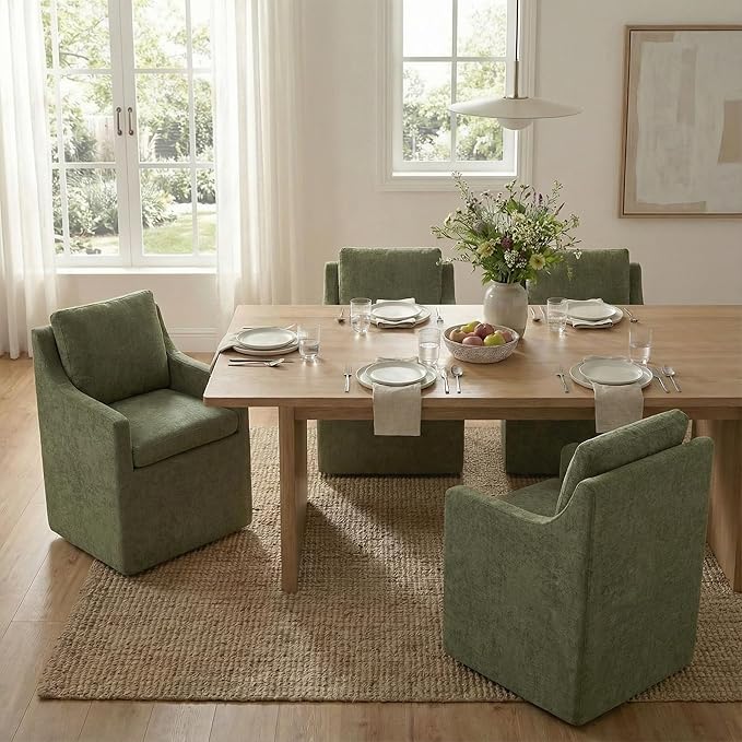 KISLOT Upholstered Dining Chairs Set of 1, Modern Dining Room Chairs with Casters & Washable Cover, Rolling Accent Chair with Hidden Storage for Kitchen, Farmhouse, Living Room, Green, 1 Box