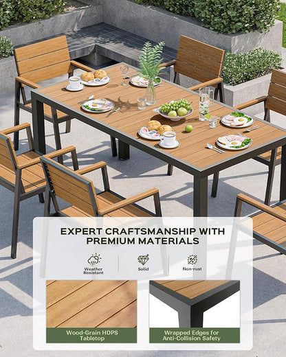 Vexwalx 67" HDPS Outdoor Patio Dining Table, Aluminum-Edged Outdoor Dining Table with Umbrella Hole, Weather-Resistant for Lawn, Garden, Poolside and Indoor Use, Gray&Teak