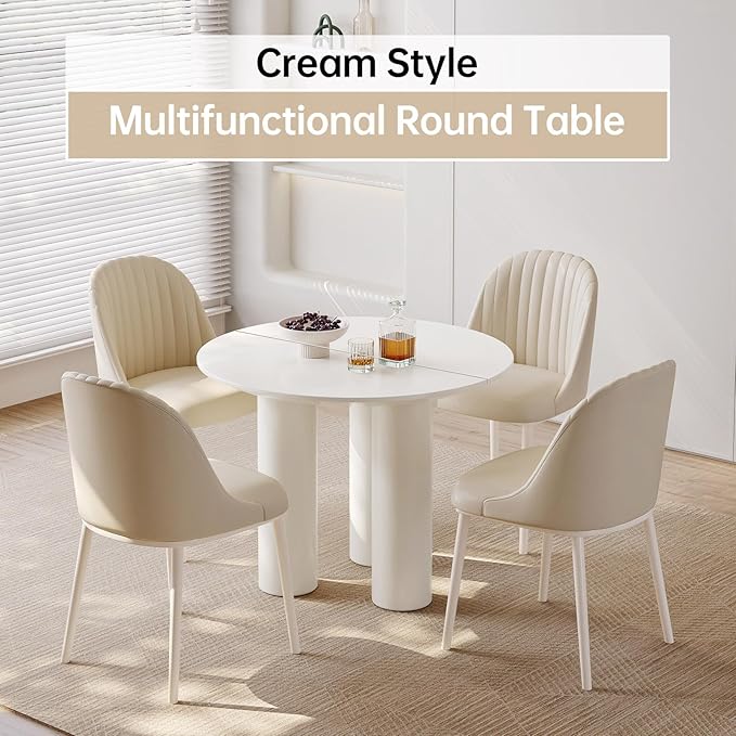 Guyii 39.37" Cream White Dining Table, Modern Round Kitchen Table, Small Indoor End Table for Kitchen, Bar, Living Room, Small Space, Easy Assembly, Table Only