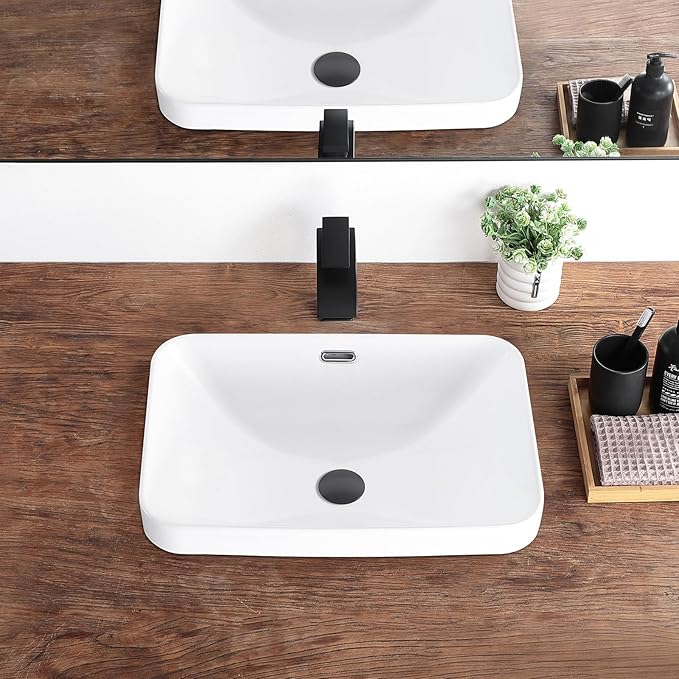 Bathroom Vessel Sink 20.6'' x 14.7'' Semi Recessed Bathroom Sink Rectangular Drop In Sink with Overflow White Ceramic Modern Vessel Sinks for Bathroom