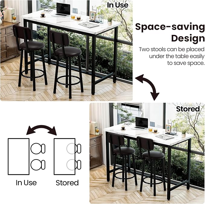 Recaceik 3 Piece Bar Table with Stools Set for 2, Modern Faux Marble High Top Small Dining Table and Chairs, Pub Bistro Set for Dining Room, Kitchen, Breakfast Nook, Small Space, Apartment