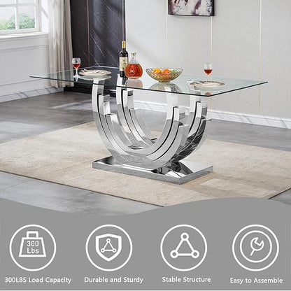 70" Glass Dining Table for 6-8, Modern Dining Room Table with 0.39" Tempered Glass Top and Three U-Shaped Silver Stainless Steel Base, Rectangle Kitchen Dinner Table for Dining Room