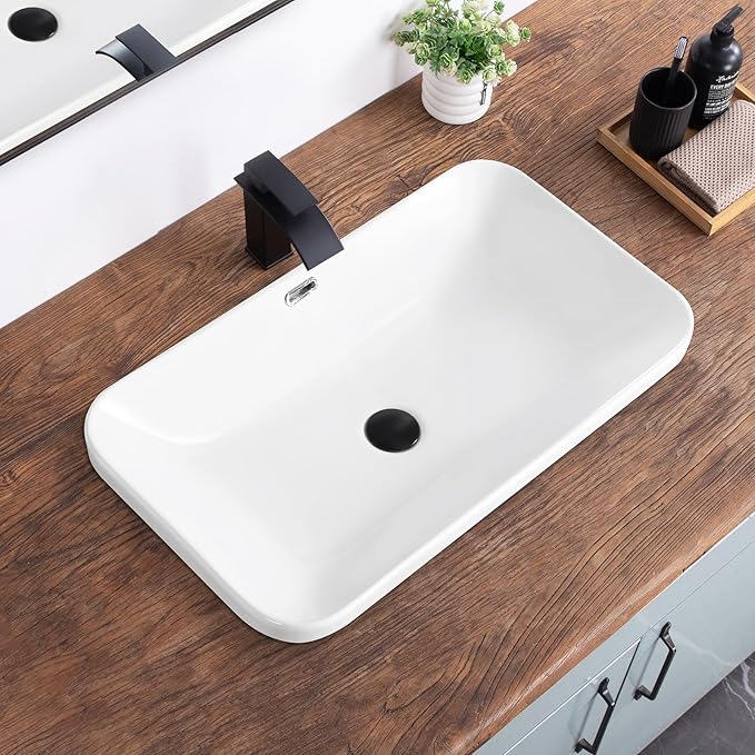 Bathroom Vessel Sink 27.3" X 15.5" Semi Recessed Bathroom Sink Rectangular Drop In Bathroom Sinks with Overflow White Ceramic Vessel Sinks for Bathroom Modern Above Counter Basin Vanity Sink