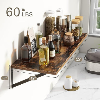 12 Inch Deep Floating Shelves, 30W x 12D Wall Shelves with Brackets, Floating Shelves 30 Inch Long, Rustic Wood Wall Shelf, Wide Storage Display Shelf for Kitchek, Living Room, Bathroom, Rustic Brown