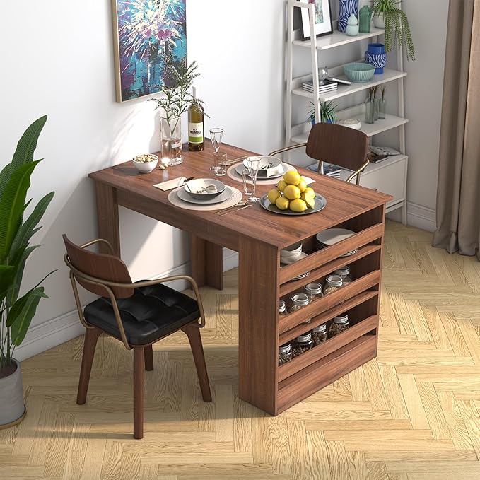 Homy Casa Industrial Dining Table, 43.3''Rectangular Kitchen Table, Farmhouse Bar Table with 3-Tier Storage Shelves for Home Dining Living Room, Brown