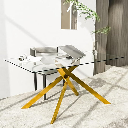 Glass Dining Table for 4 People, 51.2 Inches Rectangular Glass Kitchen Table with Golden Steel Legs, Modern Dining Room Table for Dinner Kitchen Dining Room