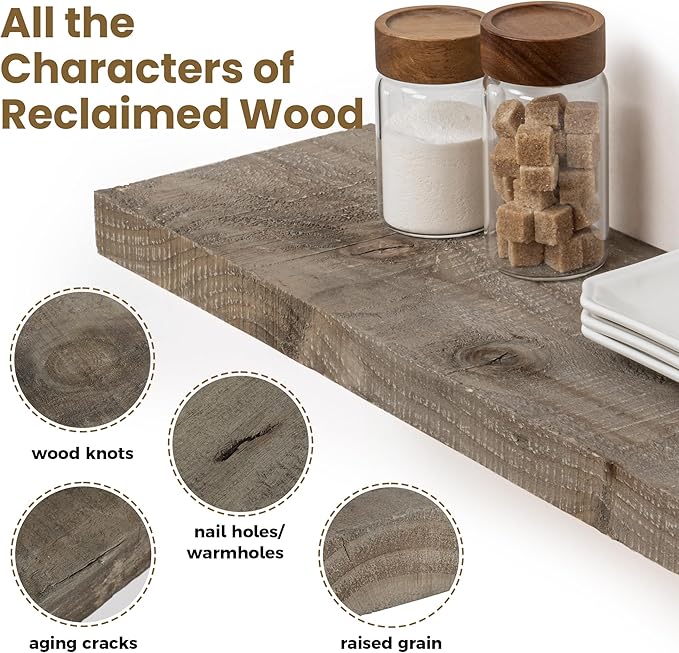 FLYJOE 48 Inch Fireplace Mantel Shelf - 8 Inch Deep Rustic Solid Reclaimed Wood Floating Shelf, Wall Mounted Farmhouse Display Shelf with Invisible Heavy Duty Metal Bracket, Set of 2, Cement Grey