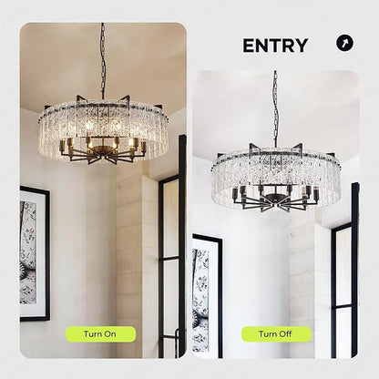 Black Crystal Chandeliers for Dining Room 10-Light, 29.5” Modern Water Ripple Glass Light Fixture, Farmhouse Round Lighting for Kitchen Island, Bar Table