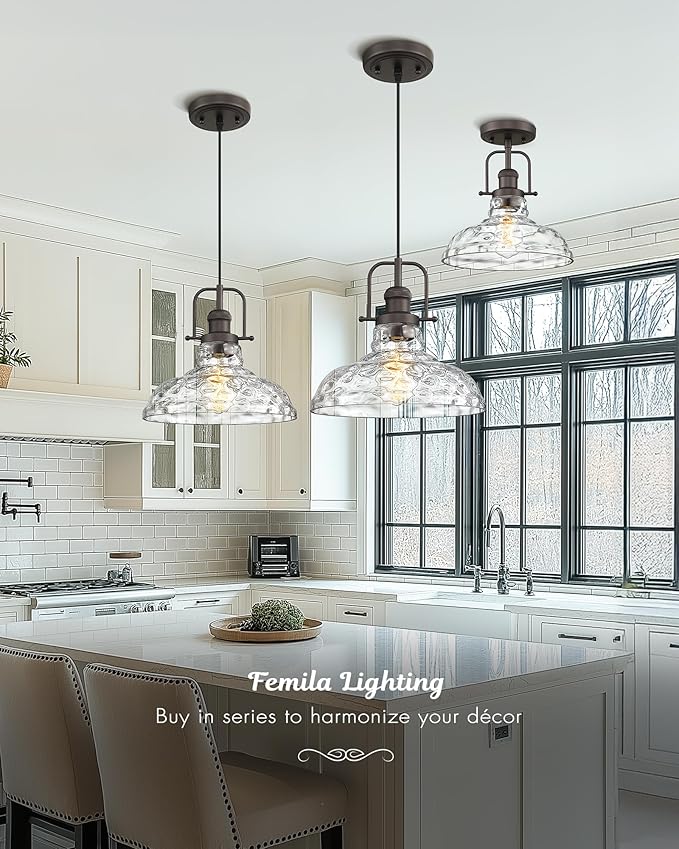 FEMILA Water Ripple Glass Pendant Light, 11" Modern Pendant Lighting for Kitchen Island, Adjustable Hanging Light Fixture, Oil Rubbed Bronze, Farmhouse Island Lights for Kitchen, 4FY09-MP ORB-WG-2
