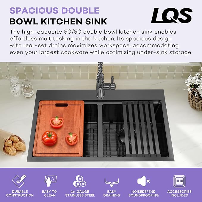 LQS 33 Inch Black Drop in Kitchen Sink, Spacious 33 x 22 Drop In Kitchen Sink 50/50 Double Bowl, 16 Gauge Handmade Black Stainless Steel Kitchen Sink with Practical Accessories, R15 Round Corner