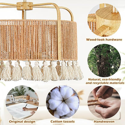 20” Rattan Chandelier, 4-Light Large Hand Woven Boho Chandelier with Fabric Shade, Farmhouse Light Fixtures for Dining Room & Kitchen Island (Brown, 20")