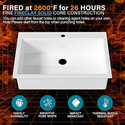 33x22 Drop In Kitchen Sink Workstation White 1 Hole, 33 Inch Large Fireclay Workstation Sink Drop In Single Bowl, Topmount, with 4 Accessories (Cutting Board Included), for Kitchen
