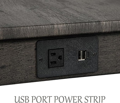 LKTART Bar Table and Chairs Set of 4, Bar Height Dining Table Set with Power Outlet and 3 Padded Stools Industrial Breakfast Table Set for Living Room, Small Space, Dark Gray