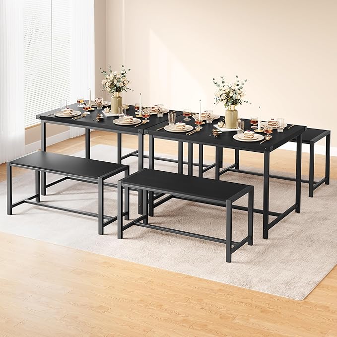 CABIHOME Dining Table Set for 4 with 2 Benches, Kitchen Table Set for 4-6 with Corner Protector, Dining Table and 2 Benches with H-Shaped Frame for Small Space, Kitchen, Apartment，Black