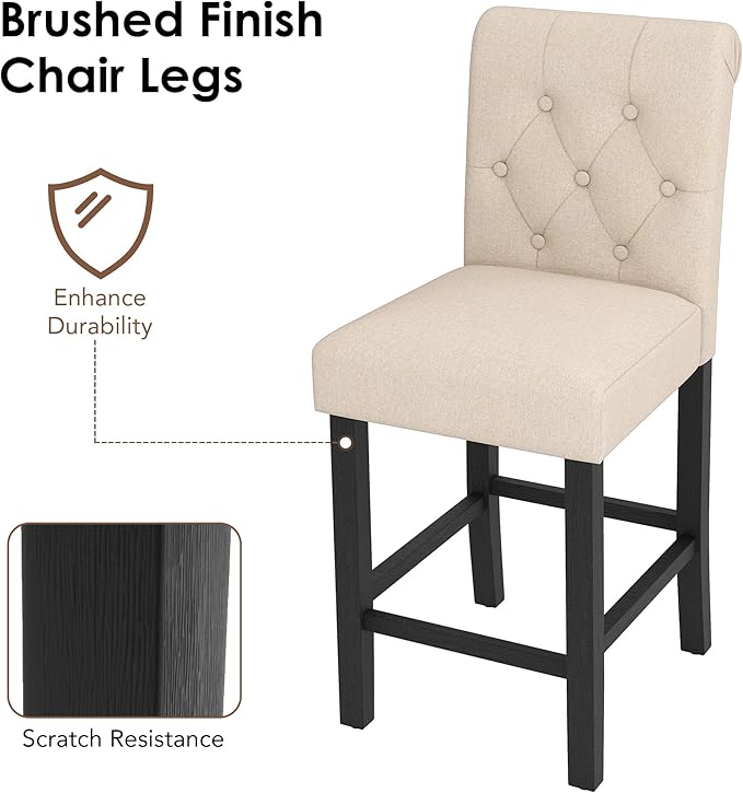 LSSBOUGHT Counter Stools,24 inches Upholstered Counter Height Chairs with Button-Tufted and Solid Wood Legs Set of 2（Beige）