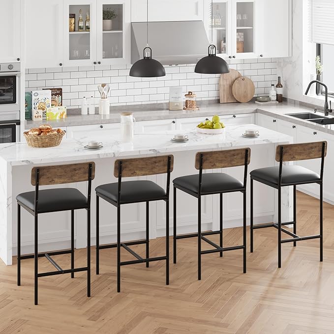 TrailBlaze Bar Stools Set of 4, 37'' Counter Height Kitchen Barstools with Backrest, Thick PU Upholstered Cushion - Metal Legs, Footrest - Kitchen Island, Dining Room, Breakfast Bar - Rustic Brown