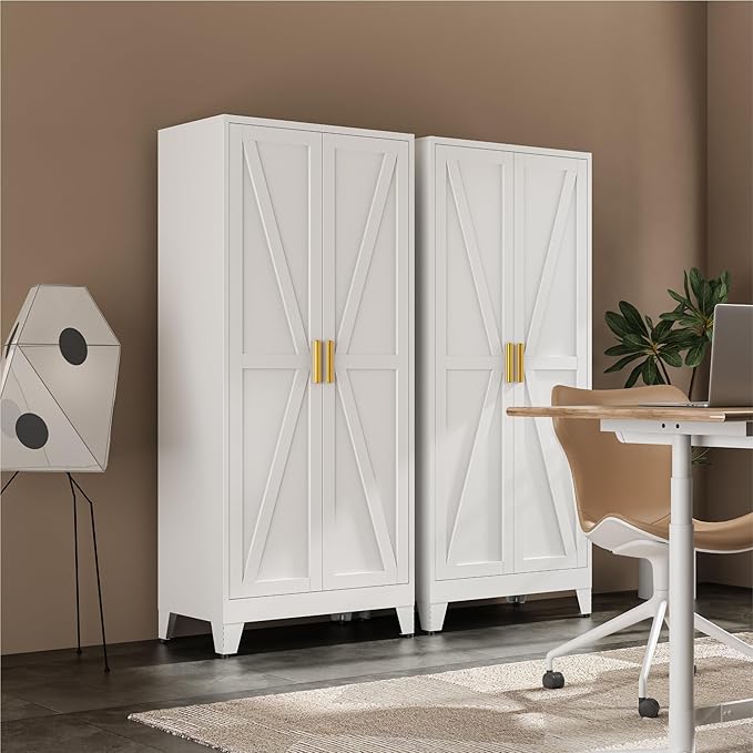 Bevivog 71" Kitchen Pantry Cabinet, Metal Storage Cabinet with 2 Doors and 4 Adjustable Shelves, Farmhouse Tall Metal Pantries Cabinets Storage for Kitchen, Home Office, Living Room, Laundry