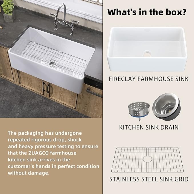 White Farmhouse Sink 33 inch Fireclay Apron Front Farm Sink Large Capacity Deep Single Bowl Kitchen Sinks with Accessories Protective Bottom Grid and Strainer