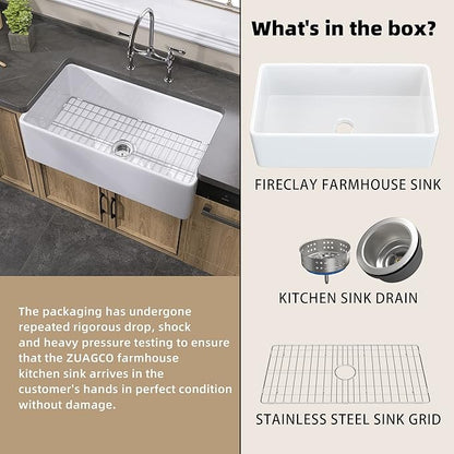 White Farmhouse Sink 33 inch Fireclay Apron Front Farm Sink Large Capacity Deep Single Bowl Kitchen Sinks with Accessories Protective Bottom Grid and Strainer